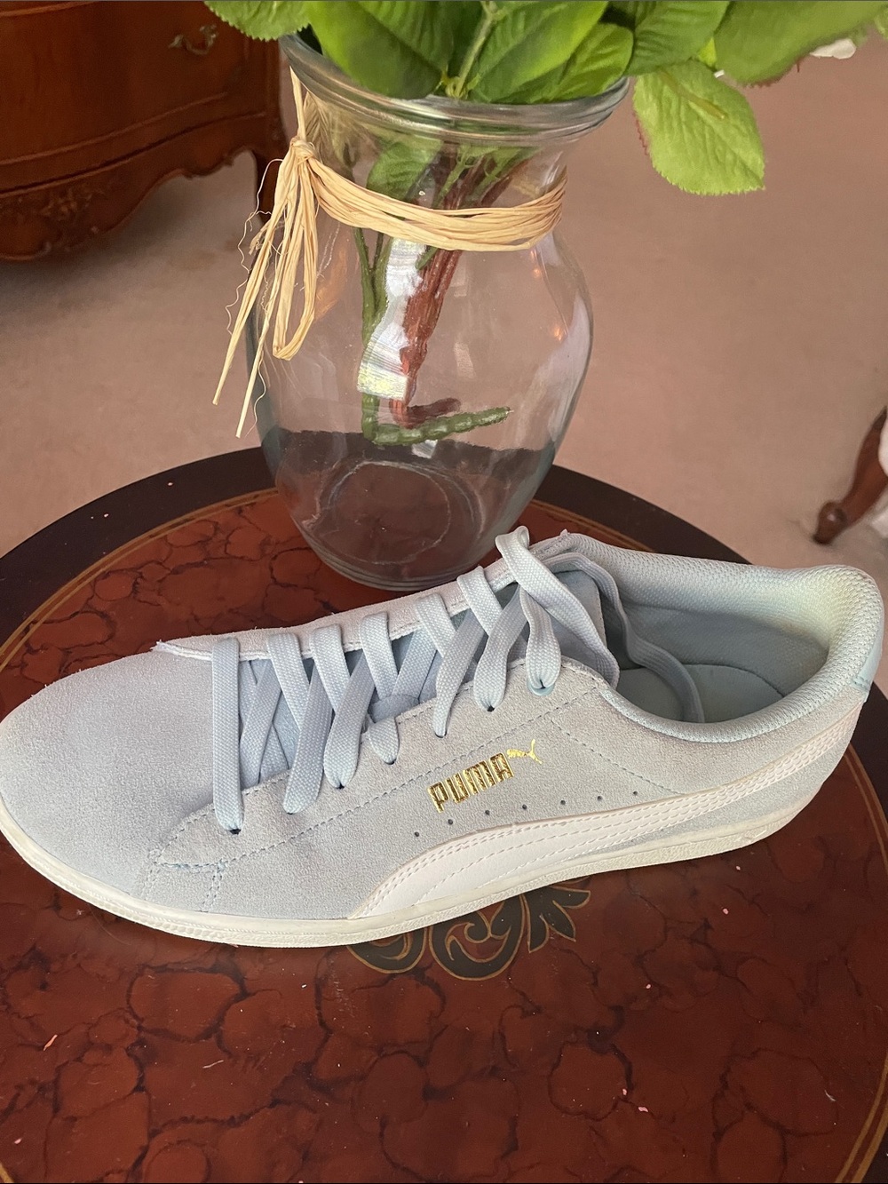 Puma Women's Suede Sneakers in Light Blue with Gold Logo